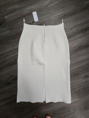 Scanlan Theodore Crepe Knit Pencil Skirt XL Cream Midi Back Slit Gold Zip